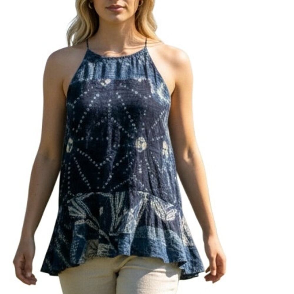 POLO Ralph Lauren NEW Peplum Flare Tank Womens Size 12 Blue Batik Silk Cut Out